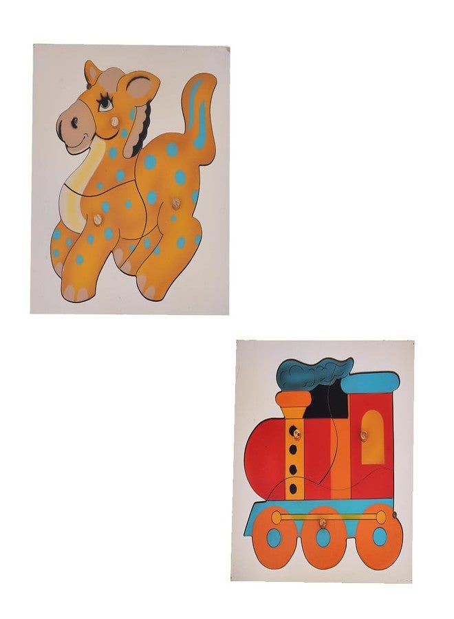 TOODLES Wooden Jigsaw Puzzle Combo of Horse and Train | Animals Puzzle, Skill Development Games for Kids | Toy Set Indoor Family Activity | Suitable for Gifting, 3 Pieces - Image 1